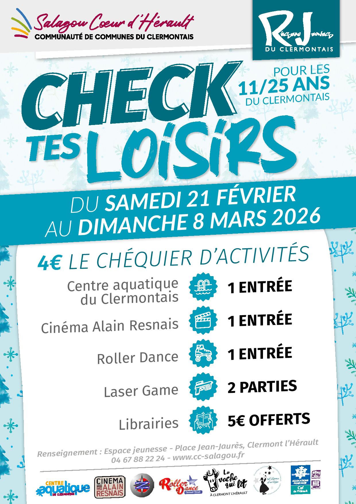 Affiche checks tes loisirs 11/25 ans du clermontais vacances dhvier du 21 f&eacute;vrier au 8 mars 2026